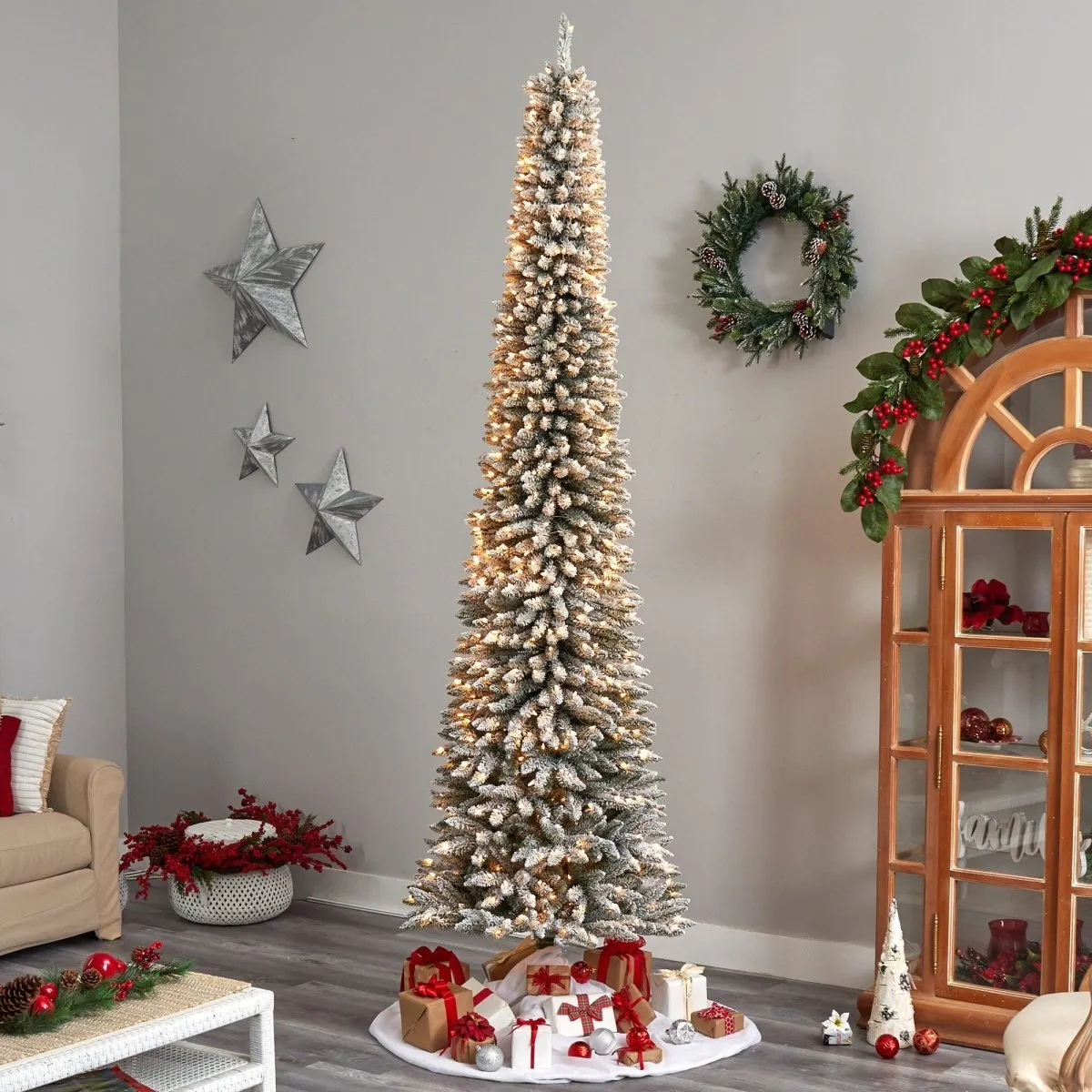 10' Flocked Pencil Artificial Christmas Tree | Slim Design & 700 Lights