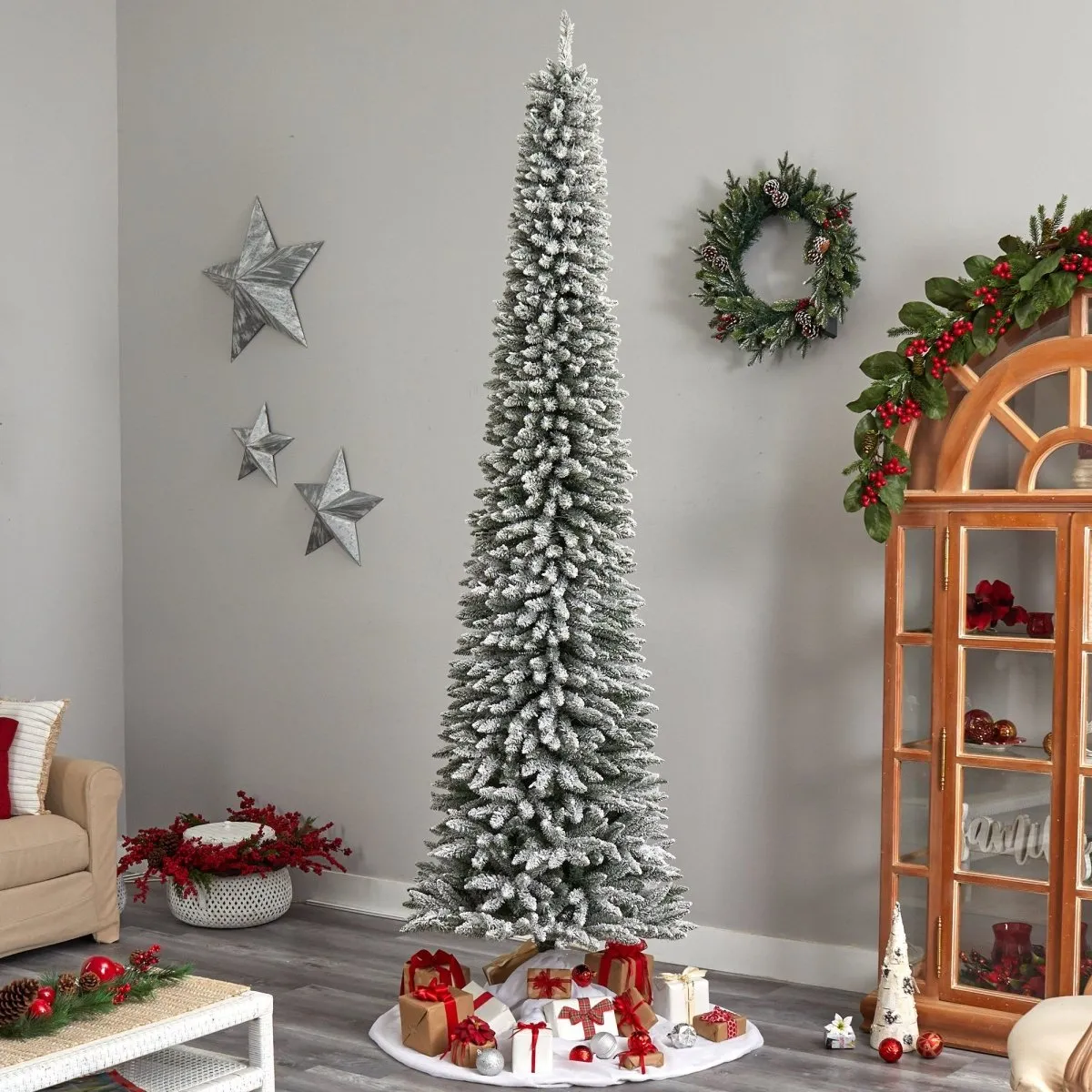 10' Flocked Pencil Artificial Christmas Tree | Slim Design & 700 Lights