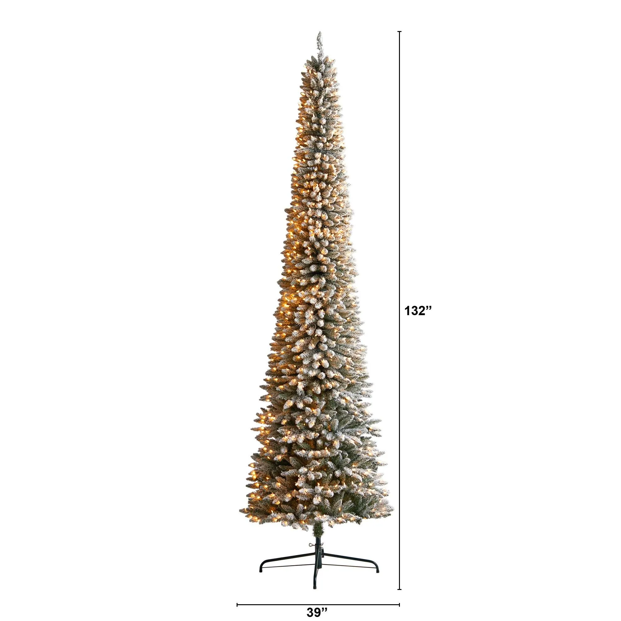 11’ Flocked Pencil Artificial Christmas Tree with 850 Clear Lights and 1435 Bendable Branches