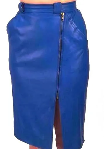 1980s Yves Saint Laurent Blue Leather Jacket and Skirt Ensemble