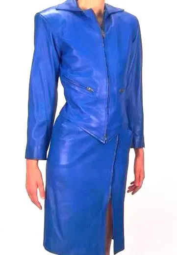 1980s Yves Saint Laurent Blue Leather Jacket and Skirt Ensemble