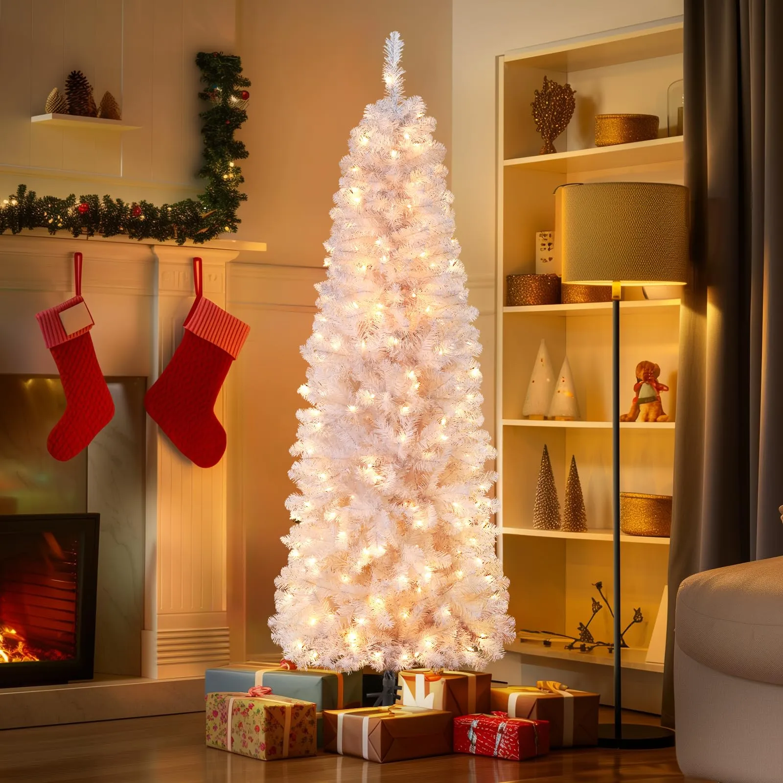 6ft Prelit Warm White Lights Artificial Hinged Slim Pencil Christmas Tree