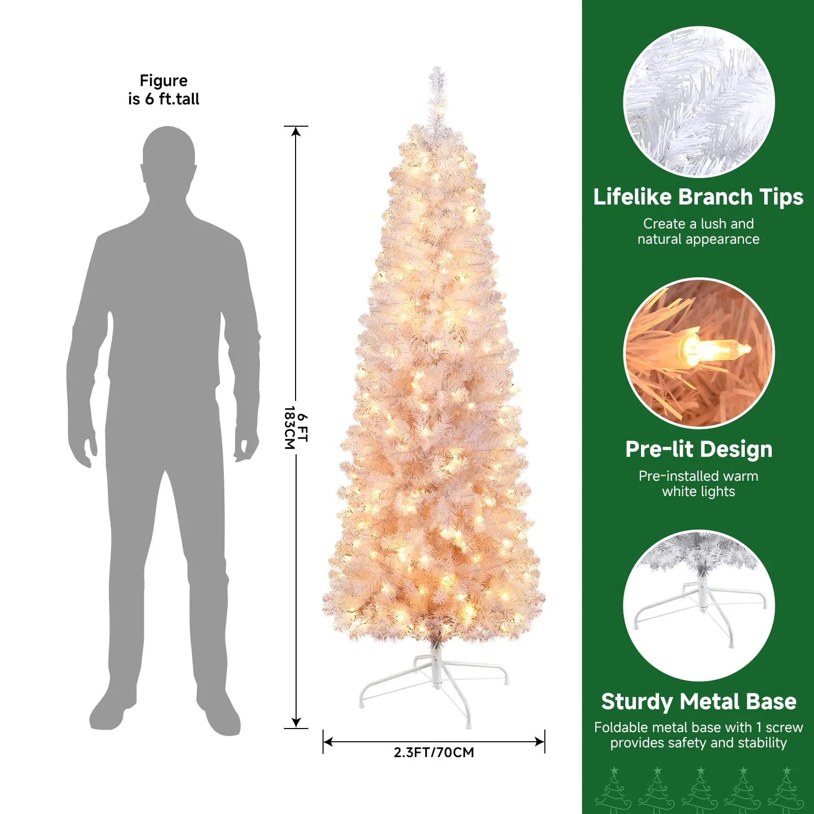 6ft Prelit Warm White Lights Artificial Hinged Slim Pencil Christmas Tree