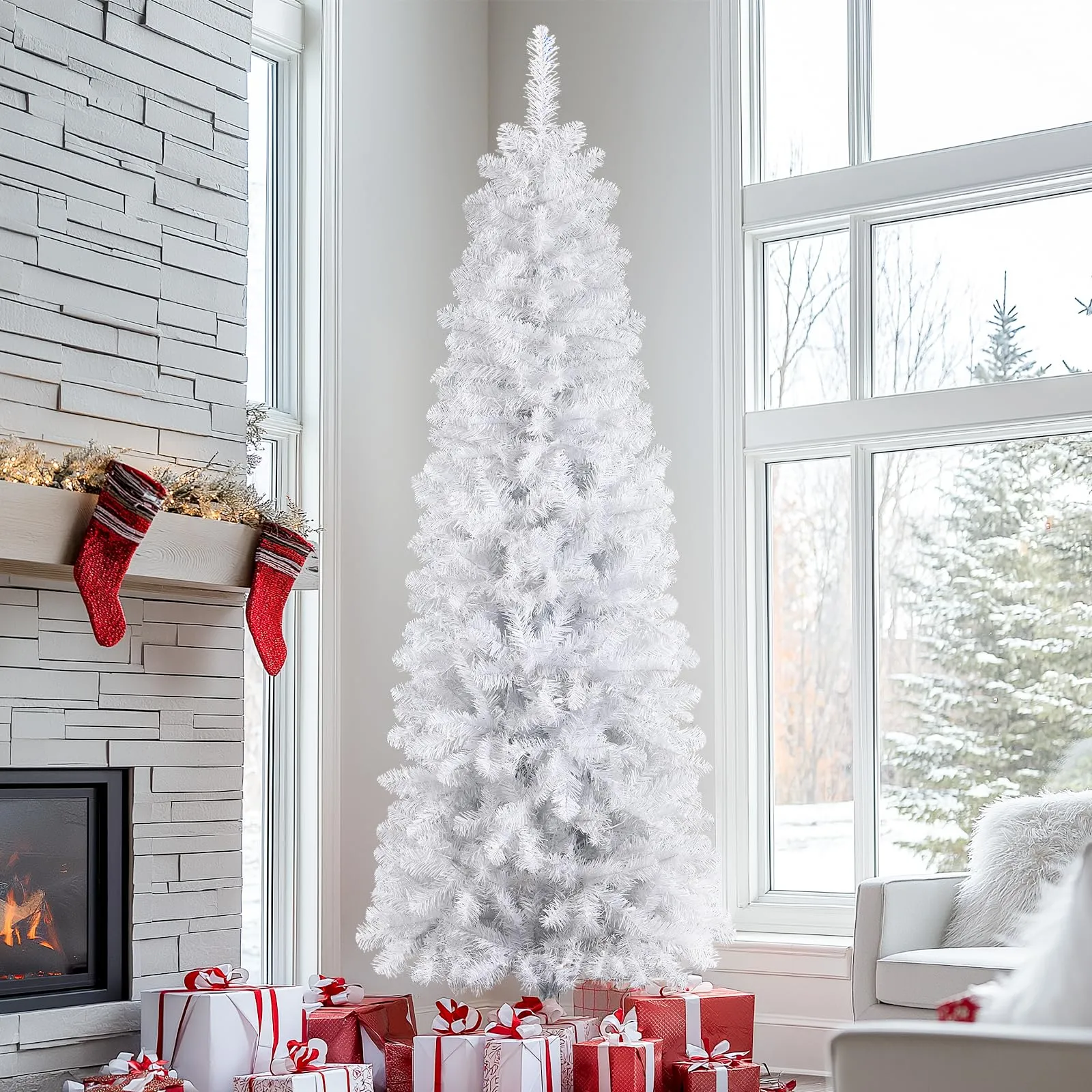 6ft Prelit Warm White Lights Artificial Hinged Slim Pencil Christmas Tree