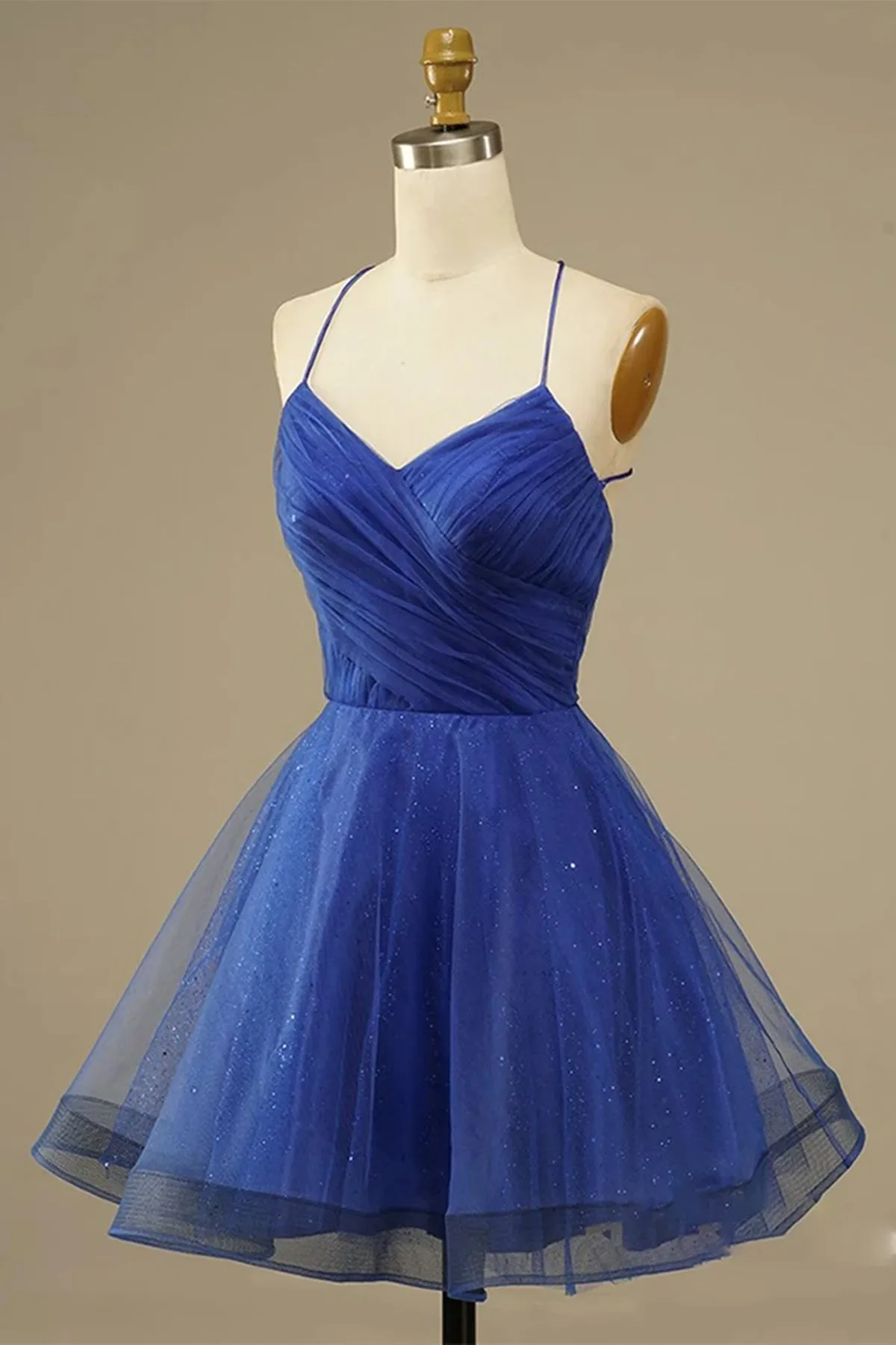 A Line V Neck Backless Blue Tulle Prom Dress, Backless Blue Homecoming Dress, Short Blue Formal Evening Dress A1639