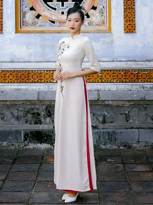 Ao Dai Vietnam Ao Dai Dress Cream Silk Includes One Ao Dai Top And Pants