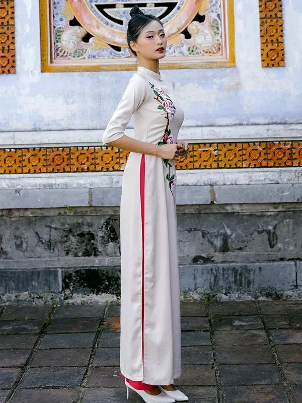 Ao Dai Vietnam Ao Dai Dress Cream Silk Includes One Ao Dai Top And Pants