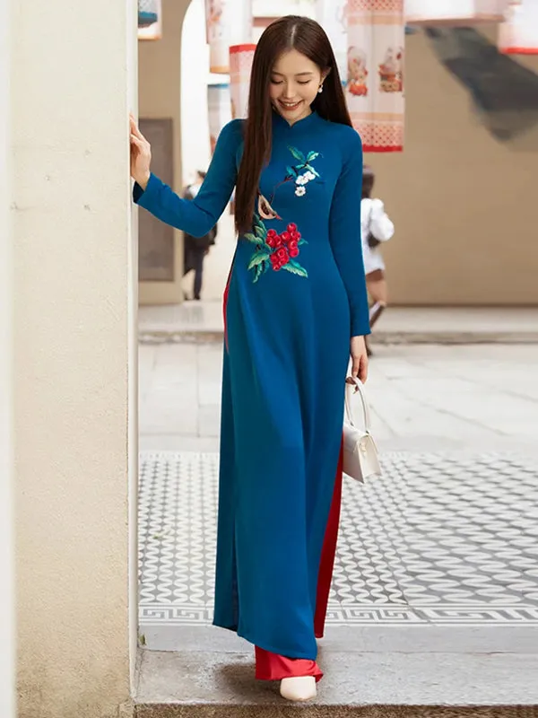 Ao Dai Vietnam Blue Embroidery Includes One Ao Dai Top And Pants