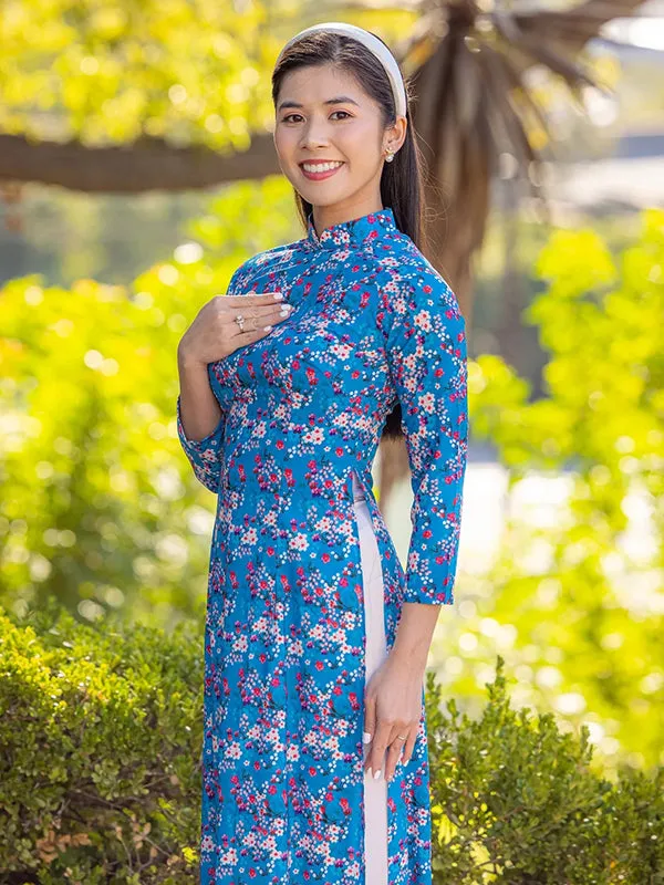 Ao Dai Vietnam Blue Mini Flowers Printed Pattern Ao Dai Top NO PANTS