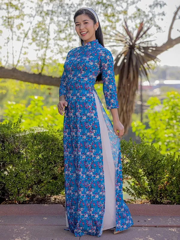 Ao Dai Vietnam Blue Mini Flowers Printed Pattern Ao Dai Top NO PANTS