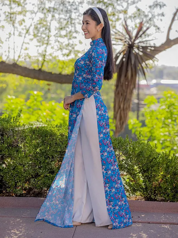 Ao Dai Vietnam Blue Mini Flowers Printed Pattern Ao Dai Top NO PANTS