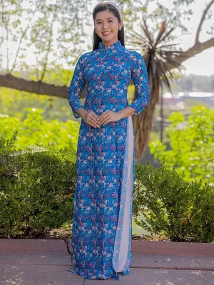 Ao Dai Vietnam Blue Mini Flowers Printed Pattern Ao Dai Top NO PANTS