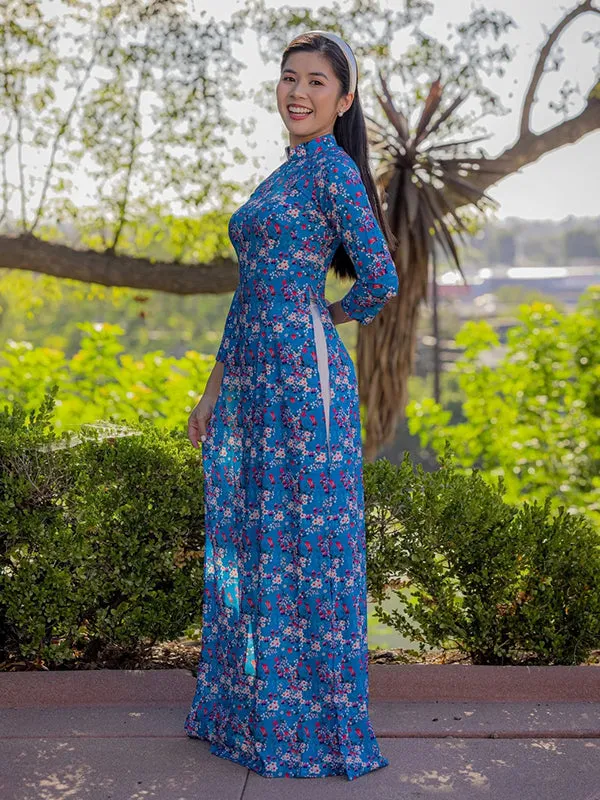 Ao Dai Vietnam Blue Mini Flowers Printed Pattern Ao Dai Top NO PANTS