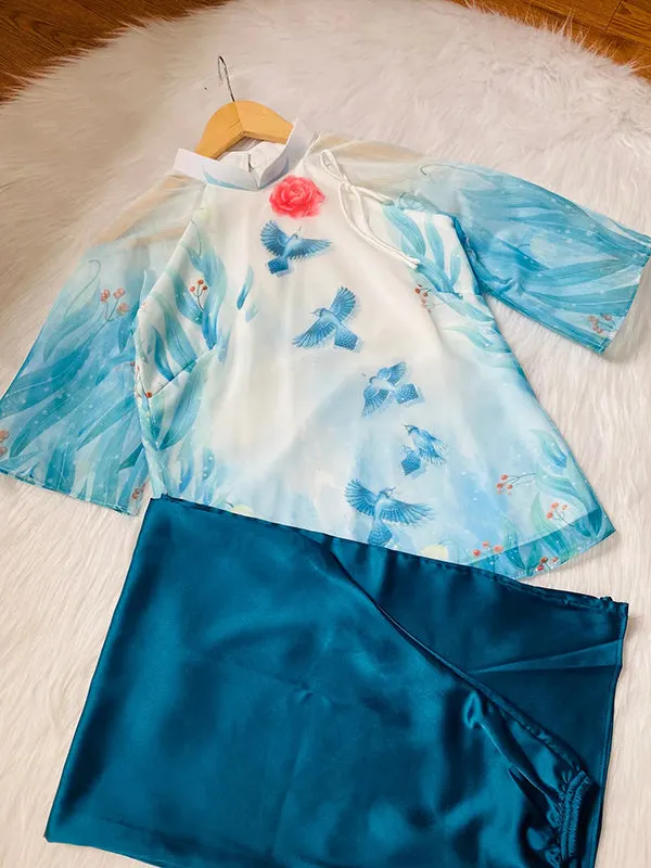 Ao Dai Vietnam Blue Rose Modern Temple Includes One Ao Dai Top And Pants