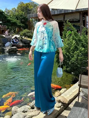 Ao Dai Vietnam Blue Rose Modern Temple Includes One Ao Dai Top And Pants