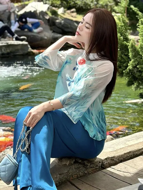 Ao Dai Vietnam Blue Rose Modern Temple Includes One Ao Dai Top And Pants