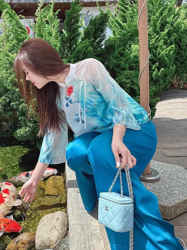 Ao Dai Vietnam Blue Rose Modern Temple Includes One Ao Dai Top And Pants