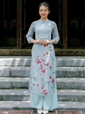 Ao Dai Vietnam Blue Sparkle Gladiolus Includes One Ao Dai Top And Pants