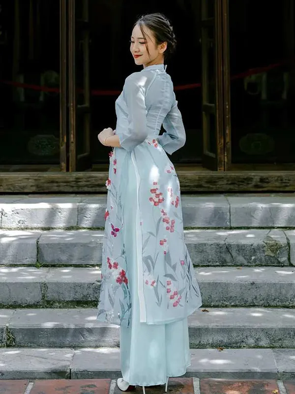 Ao Dai Vietnam Blue Sparkle Gladiolus Includes One Ao Dai Top And Pants