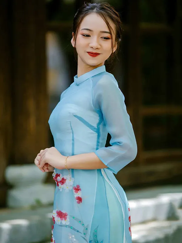 Ao Dai Vietnam Blue Sparkle Gladiolus Includes One Ao Dai Top And Pants