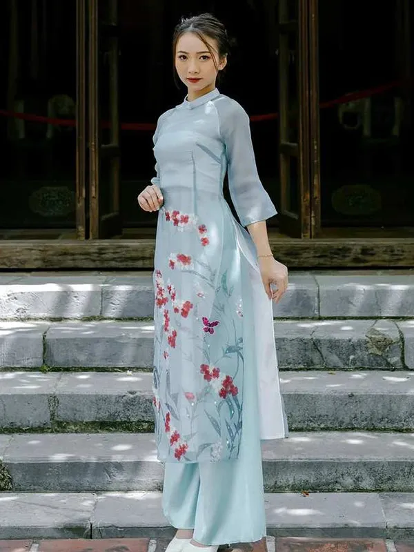 Ao Dai Vietnam Blue Sparkle Gladiolus Includes One Ao Dai Top And Pants