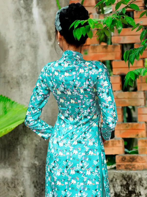 Ao Dai Vietnam Cyan Printed Pattern Includes One Ao Dai Top And Pants