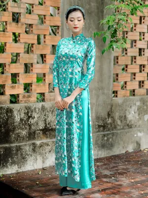 Ao Dai Vietnam Cyan Printed Pattern Includes One Ao Dai Top And Pants