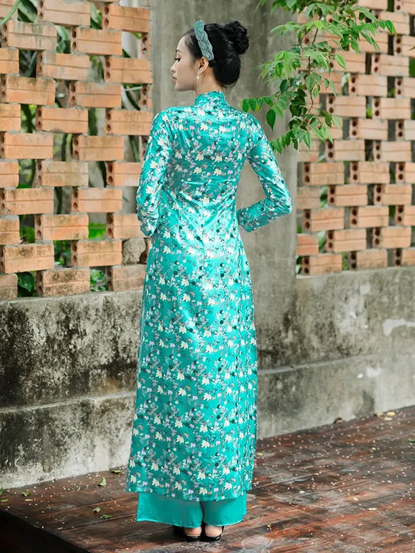 Ao Dai Vietnam Cyan Printed Pattern Includes One Ao Dai Top And Pants