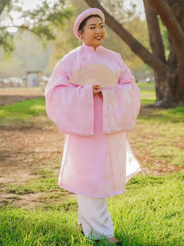 Ao Dai Vietnam Embroidery Pink Includes One Ao Dai Top One Matching Headband No Pants