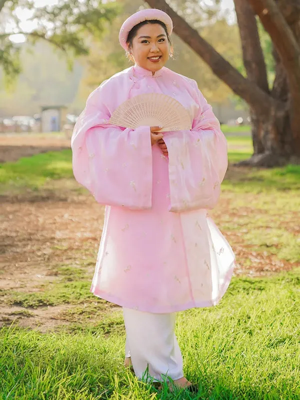 Ao Dai Vietnam Embroidery Pink Includes One Ao Dai Top One Matching Headband No Pants