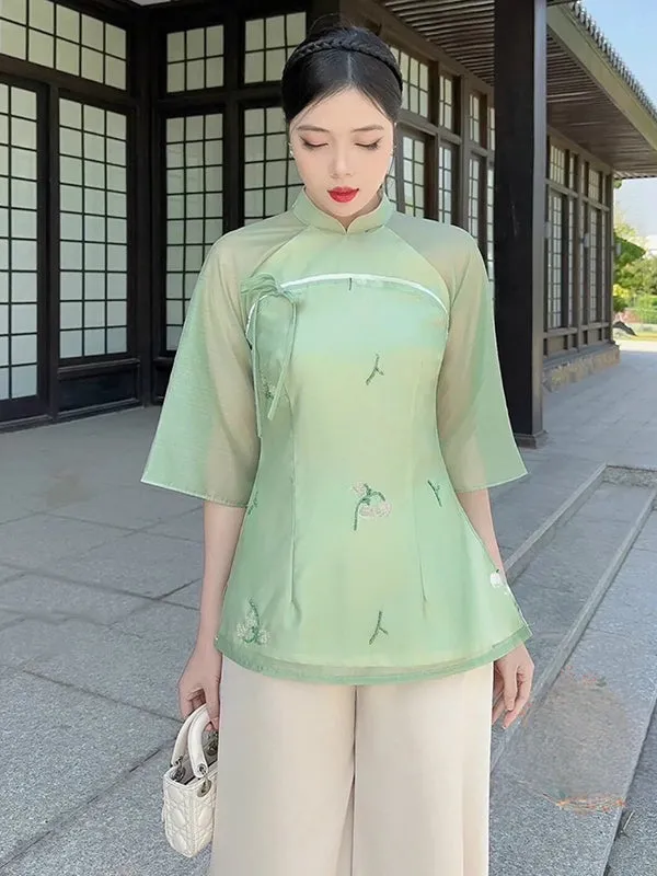 Ao Dai Vietnam Green Bow Modern Temple Includes One Ao Dai Top And Pants