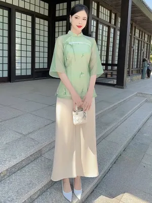 Ao Dai Vietnam Green Bow Modern Temple Includes One Ao Dai Top And Pants