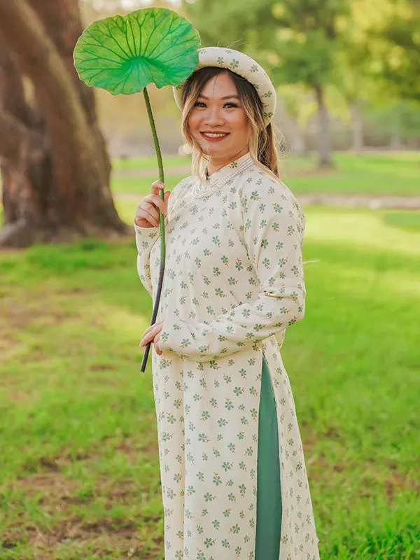 Ao Dai Vietnam Green Daisy Includes Top And Headband One Pants