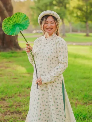 Ao Dai Vietnam Green Daisy Includes Top And Headband One Pants