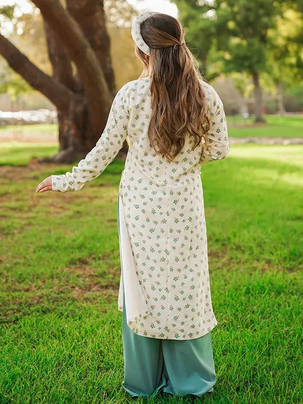 Ao Dai Vietnam Green Daisy Includes Top And Headband One Pants