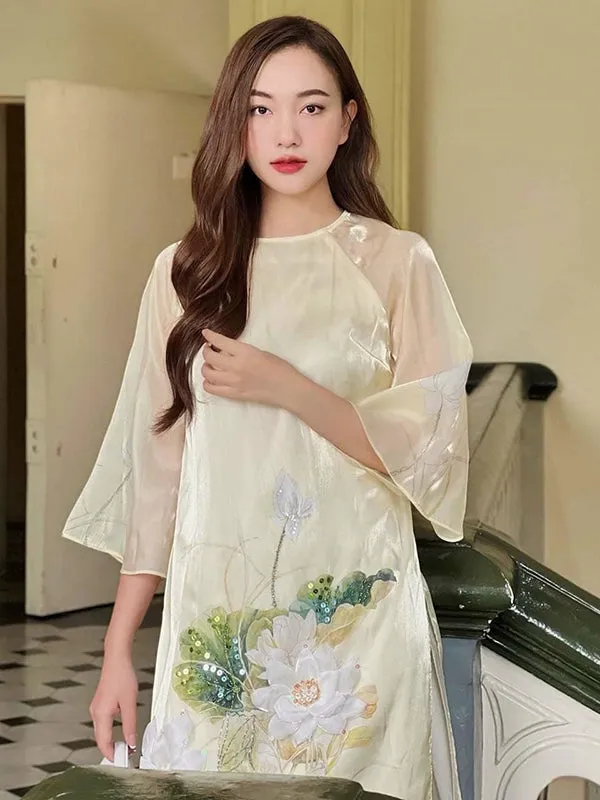 Ao Dai Vietnam Organza Chiffon 3D Green Lotus Includes One Ao Dai Top And Pants