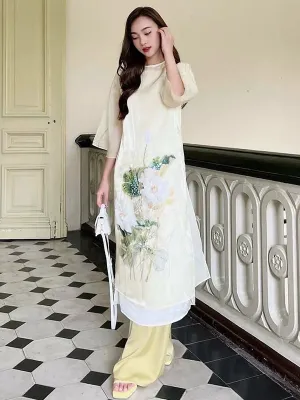 Ao Dai Vietnam Organza Chiffon 3D Green Lotus Includes One Ao Dai Top And Pants