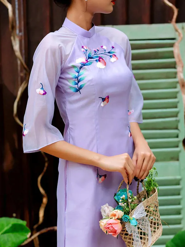 Ao Dai Vietnam Purple Embroidery Includes One Ao Dai Top And Pants