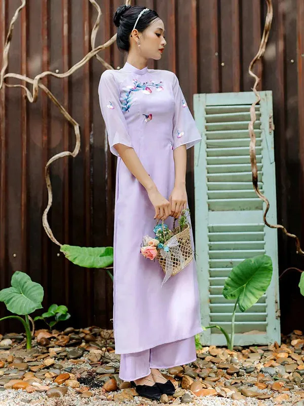 Ao Dai Vietnam Purple Embroidery Includes One Ao Dai Top And Pants