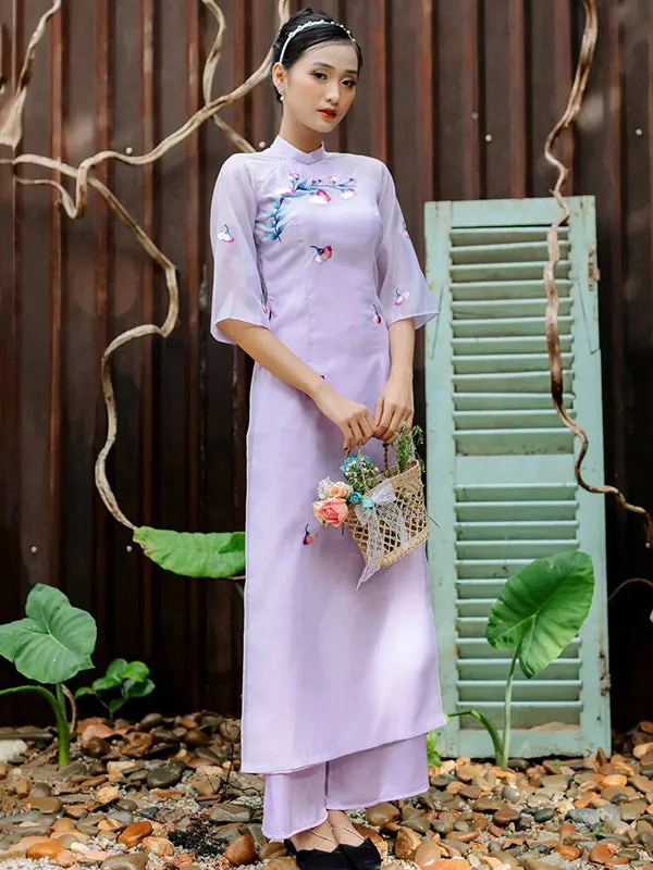 Ao Dai Vietnam Purple Embroidery Includes One Ao Dai Top And Pants