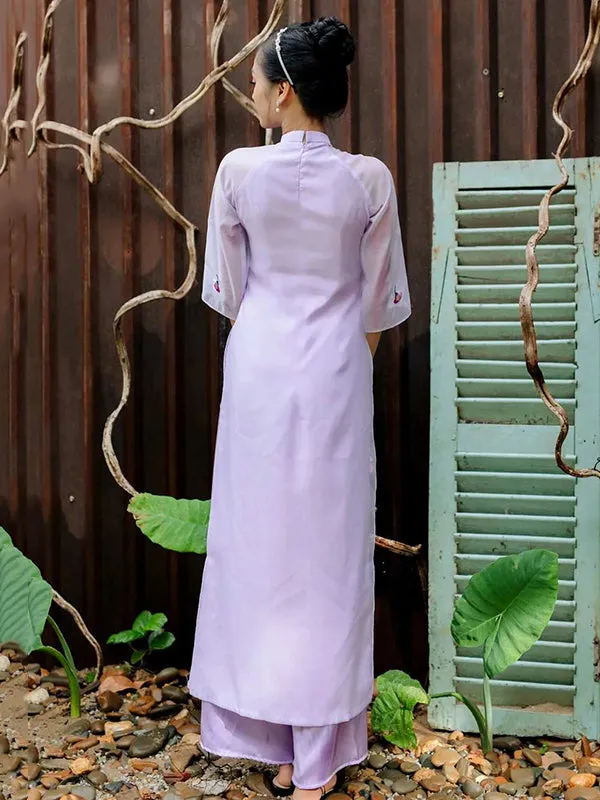 Ao Dai Vietnam Purple Embroidery Includes One Ao Dai Top And Pants