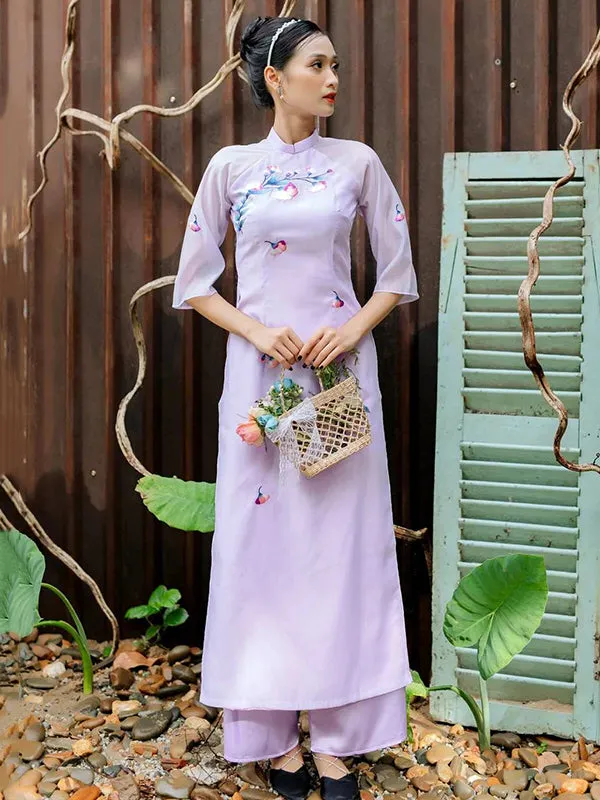 Ao Dai Vietnam Purple Embroidery Includes One Ao Dai Top And Pants