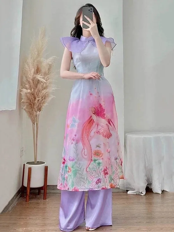 Ao Dai Vietnam Purple Wing Includes One Ao Dai Top And Pants