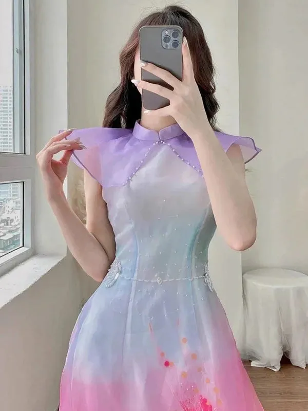 Ao Dai Vietnam Purple Wing Includes One Ao Dai Top And Pants