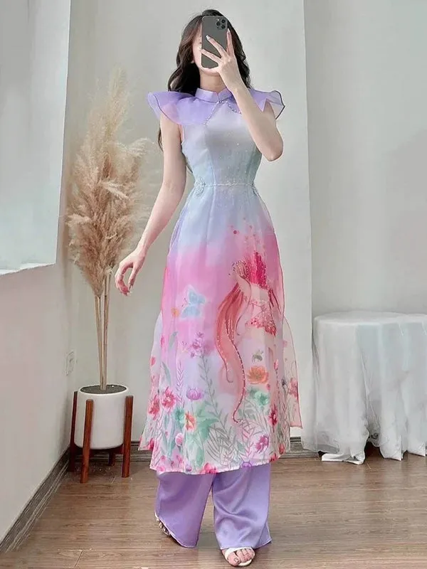 Ao Dai Vietnam Purple Wing Includes One Ao Dai Top And Pants