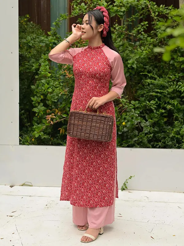 Ao Dai Vietnam Red/Pink Hoa Include Ao Dai Top And Pants With Twisted Headband