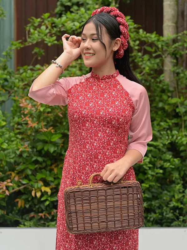 Ao Dai Vietnam Red/Pink Hoa Include Ao Dai Top And Pants With Twisted Headband