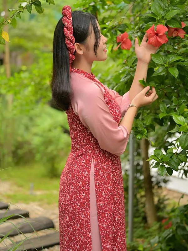 Ao Dai Vietnam Red/Pink Hoa Include Ao Dai Top And Pants With Twisted Headband