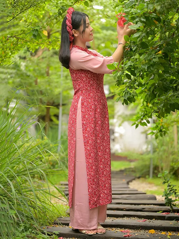 Ao Dai Vietnam Red/Pink Hoa Include Ao Dai Top And Pants With Twisted Headband