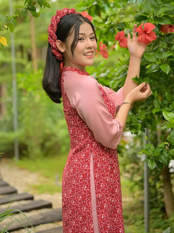 Ao Dai Vietnam Red/Pink Hoa Include Ao Dai Top And Pants With Twisted Headband